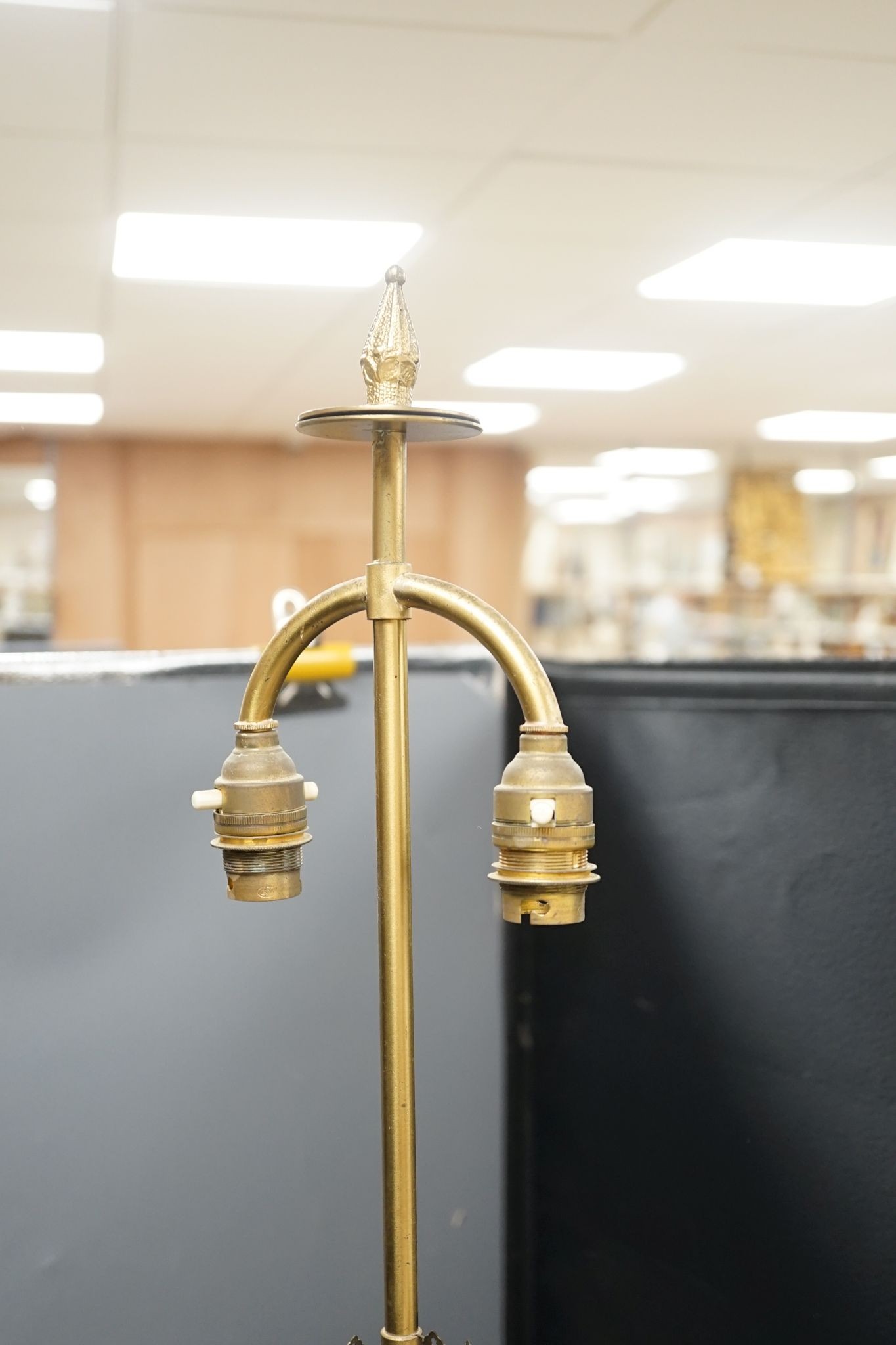 A French gilded bronze and green onyx oil lamp (converted to electricity later), 84 cms including light fitting.